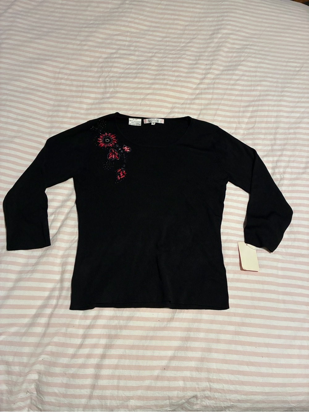 Loulou Studio Black Long-Sleeve Tee with Pink Floral Embellishment